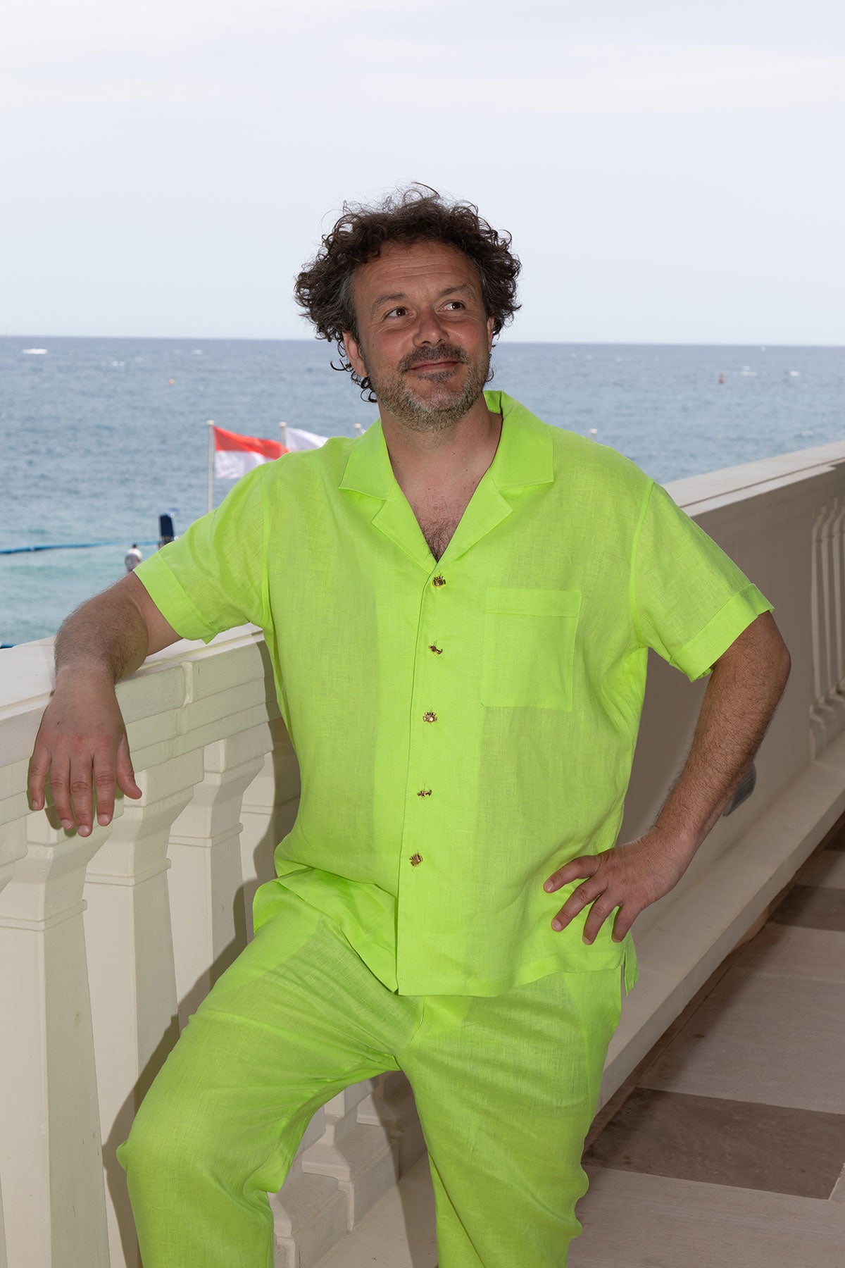 Lime Green Linen Men's Shirt - Cuban Collar, Short Sleeves, Gold Crab and Crocodile Buttons Barrette Rouge Lime Green Linen Men's Shirt - Cuban Collar, Short Sleeves, Gold Crab and Crocodile Buttons Barrette Rouge